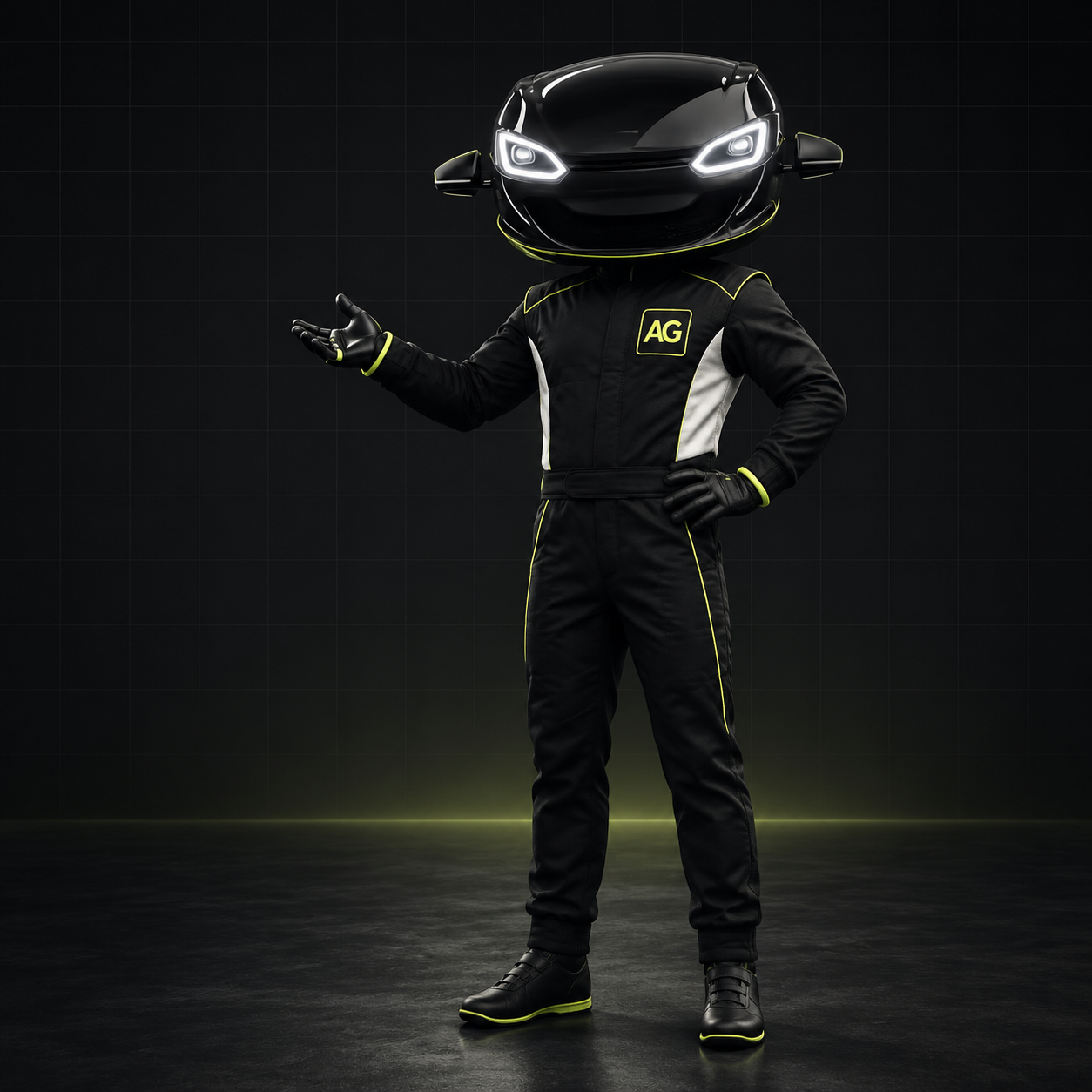 Mascota de Autoganga con cabeza inspirada en un coche, ojos con forma de faros y traje negro con detalles verde ácido